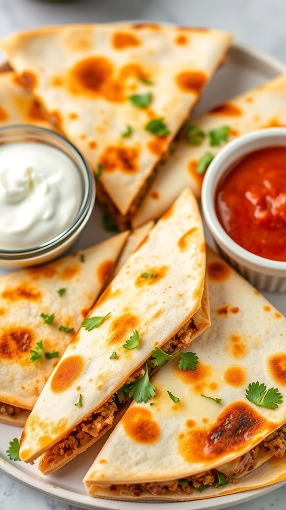 Golden-brown ground beef quesadillas on a plate with salsa, sour cream, and guacamole.